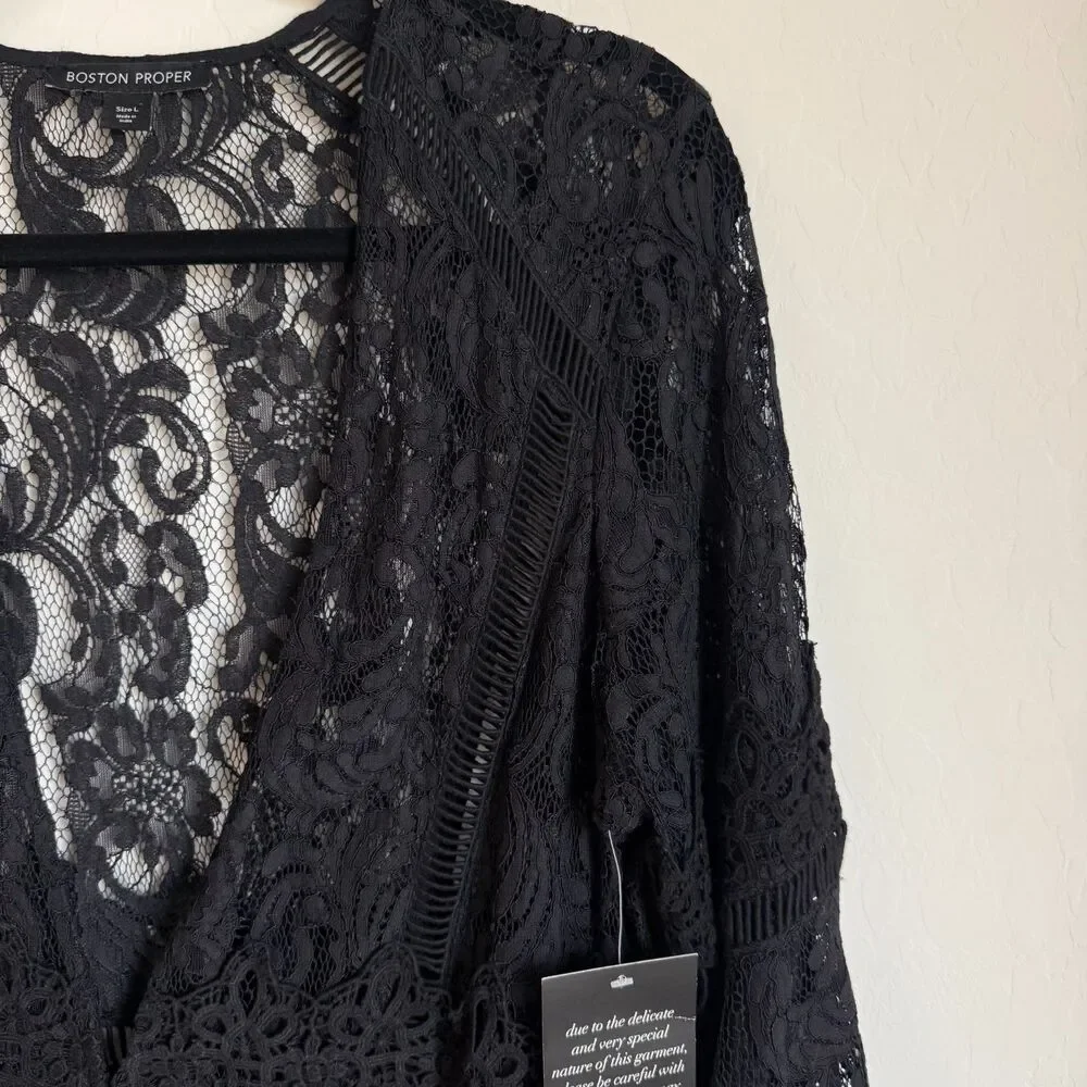Boston Proper Black Lace Bell Sleeve Duster Cardigan Whimsy Goth Faerie Witchy - Picture 4 of 16